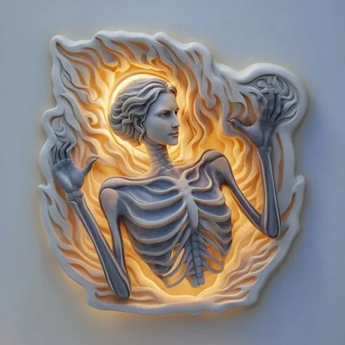 bas relief sculpture,a close up of a person holding an object on a wall,lalique,garrison,fire angel,tealight,vanitas,defence,Photography,General,Realistic