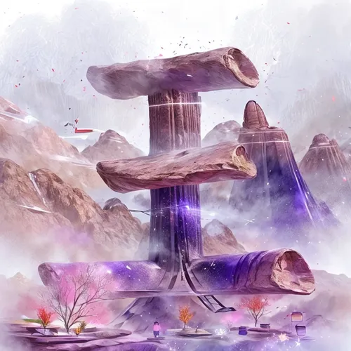 mushroom landscape,mushroom island,fantasy landscape,fairy chimney,lotus stone,purple landscape,background with stones,wishing well,futuristic landscape,mountain spring,world digital painting,stone fountain,stone lotus,floating island,lingzhi mushroom,landscape background,floating islands,fountain of the moor,geyser,water well