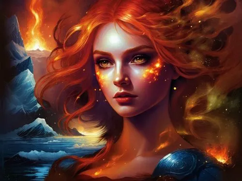 ice and fire,this is an image of the woman of fire and water,melisandre,fiery,fire siren,fire pearl,fireheart,fire angel,Illustration,Realistic Fantasy,Realistic Fantasy 25