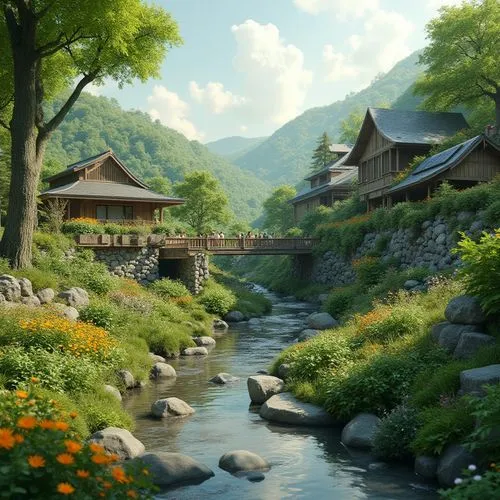 japan landscape,korean folk village,landscape background,fantasy landscape,home landscape,mountain spring,world digital painting,beautiful japan,asian architecture,beautiful landscape,mountain scene,japan garden,river landscape,mountain landscape,nature landscape,teahouse,japanese garden,mountain village,mountain settlement,qingming,Photography,General,Realistic