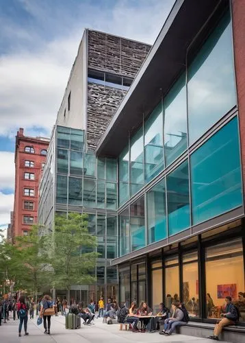 NYU Department of Art, Architecture and Urban Design building, modern architectural style, glass facade, steel frames, abstract sculptures in front, students chatting outside, backpacks, laptops, note