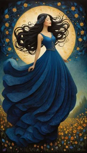 A very beautiful princess, her flowing long hair catching the sunlight like spun obsidian, throws back her head in a peal of joyous laughter. Her sapphire elegant, decent very beautiful gown, a swirl 