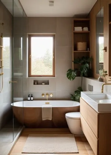 Generate a series of minimalist bathroom images featuring warm wood floors, combined with soft-toned walls, such as beige or gray. The design should have clean lines and plenty of natural light. Use l