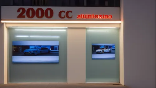 Professional display of the details of an advertising billboard for a car accessories store with the words (2000 cc) written on it. The writing is illuminated in white with a background of white cladd