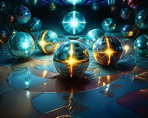 amazing  fractal,several large shiny balls in a room with bright lights,christmas balls background,crystal ball-photography,spheres,glass of advent,glass balls,glass decorations,Illustration,Realistic