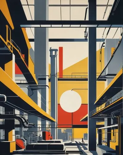 sheeler,industrial landscape,manufactory,industrial,industrie,industrialism,industrial plant,parkade,industries,industrielle,factories,constructivist,bauhaus,casgrain,constructivism,industrial hall,usine,industrial tubes,industrializing,industrielles,Art,Artistic Painting,Artistic Painting 43