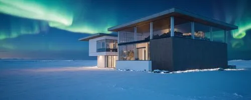 Modern office building design, ตั้งอยู่ไอร์แลนด์ ช่วงเวลาแสงเหนือ มีหมีขาว 

,northen lights,norther lights,northern light,the northern lights,polar lights,auroras,cube stilt houses,northernlight,icel