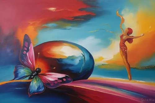 oil painting on canvas,dubbeldam,crystal ball,vibrantly,equilibria,ladyland,dream art,vibrancy,surrealist,dreamscapes,imaginaire,demoiselles,lachapelle,symbioses,art painting,imaginacion,abstract painting,transfigured,equilibrist,surrealism,Illustration,Paper based,Paper Based 04