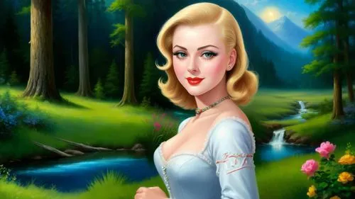 the blonde in the river,world digital painting,forest background,maureen o'hara - female,bridalveil,fairy tale character,photo painting,fantasy picture,elsa,galadriel,marilyn monroe,connie stevens - female,ninfa,landscape background,dorthy,heidi country,art painting,nature background,gwtw,chipko