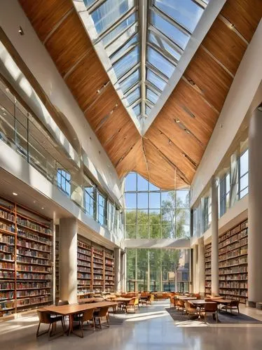 Grand, modern public library, symmetrical architecture, glass curtain wall, steel frame structure, large pillars, cantilevered roof, open atrium, natural light pouring in, comfortable reading areas, w