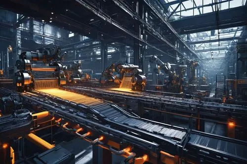 industrial setting, conveyor belt system, metallic texture, mechanical parts, gears, chains, electric motors, lights, shadows, dynamic movement, circular motion, futuristic ambiance, sci-fi atmosphere