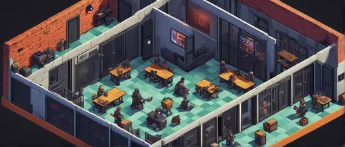 multiplayer video game, The Escapist 2, cross-platform play, cooperative gameplay, prison escape, strategy, pixel art style, isometric view, soft lighting, detailed environment, guards, inmates, craft