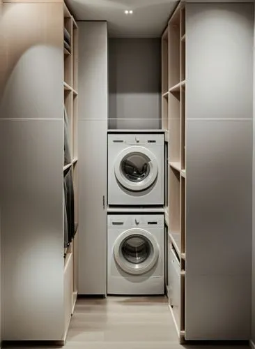 Small room, laundry room with open storage cupboards. White shelves with warm lighting, neatly folded items of different beige shades on the shelves, a white washing machine and dryer, order, comfort,