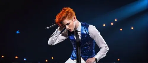 Ginger twink, male idol, 20s, bright orange hair, bold eyebrows, sparkling blue eyes, glamorous makeup, fitted white shirt, skinny black tie, high-waisted tight red pants, pointed silver boots, posing