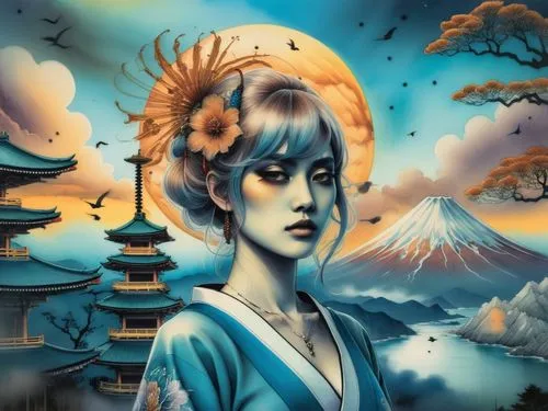 japanese art,togawa,tsuneo,kuniyoshi,geisha girl,geiko,Illustration,Realistic Fantasy,Realistic Fantasy 25