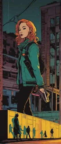 birds of prey-night,clary,transistor,canary,pedestrian,clover jackets,a pedestrian,jacket,arrow,red hood,black widow,pedestrian lights,transistor checking,clementine,city lights,birds of prey,rooftops,sci fiction illustration,coloring,highline,Illustration,Vector,Vector 03