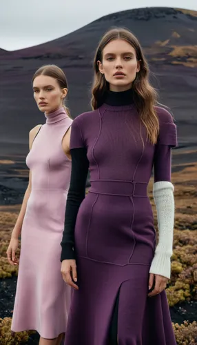 half body, (two models: 1.2), a balenciaga jacquemus collaboration Jacquemus Avant-garde, knit top, prune dress, landscape in iceland, winter vegetation, volcanic landscape, an ultra fine and detailed