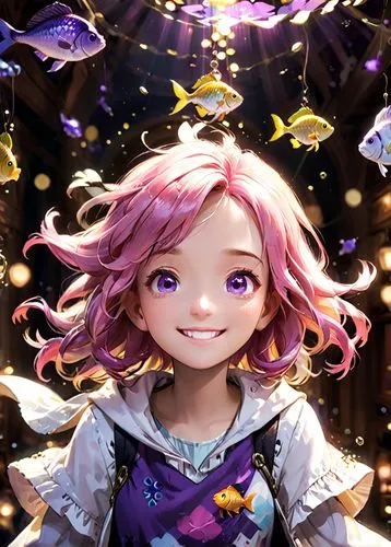 a young woman, purple eyes, long pink  hair, smiling, golden and white clothes. fish symbol,   ,a girl with pink hair and a purple dress on,komuna,satori,alpana,fairy galaxy,maeve,miriya,nanami,kallen