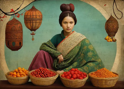 Explore the bustling markets of Marroko and the diversity of goods they offer.,indian woman,orientalism,indian art,greengrocer,oriental girl,vietnamese woman,indian jujube,oriental princess,east india