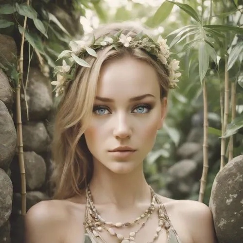 The photograph shows a stunning bikini model, crafted from smooth stones, sits proudly on a picturesque stone wall in a lush jungle garden. The garden is alive with the sounds of chirping birds and ru