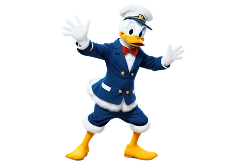 Donald Duck, cartoon character, yellow bill, white gloves, blue sailor suit, black eyes, fluffy feathers, energetic pose, solo, standing, full-body view, bright colors, high contrast, soft lighting, 3