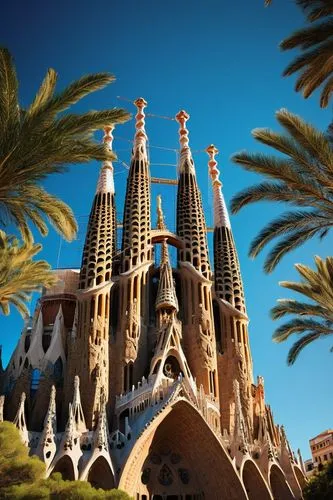 Gaudi-inspired architecture, Spain, Barcelona, Sagrada Familia, colorful, intricate stonework, curved lines, ornate facades, grand entrance, towering spires, stained glass windows, vibrant mosaic tile