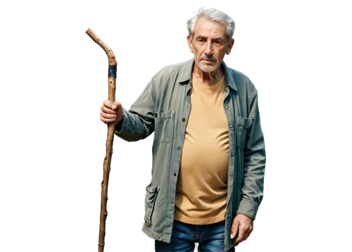 yellow skin tone, jaundiced eyes, detailed wrinkles, thin eyebrows, messy grey hair, worn-out expression, old man, solo, standing, casual wear, loose clothes, walking stick, warm lighting, soft focus,