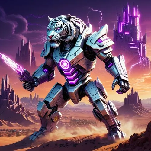 giant silver robo tiger with glowing purple lights along its body attacking a fortress city in the middle of the desert. The city is surrounded by a high wall that has towers with mounted machine guns