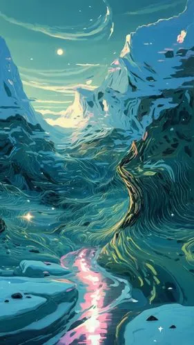 a river with bright green water is flowing under snow,ice planet,ice landscape,cartoon video game background,water waves,glacier,glacial melt,Conceptual Art,Fantasy,Fantasy 32