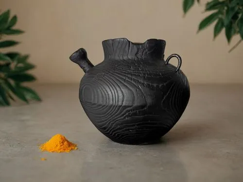 a vase with a bowl full of tumeric powder,clay jug,vase,kherchtou,fragrance teapot,asian teapot,amphora