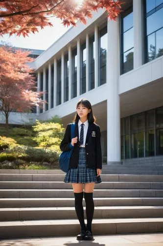 Senior high school girl, uniform, blazer, white shirt, plaid skirt, knee-high socks, black loafers, backpack, design and architecture student, holding a drafting pencil, standing in front of a modern 