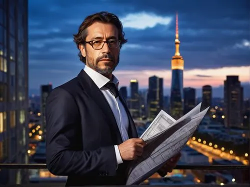 Middle-aged man, architect, solo, (40yo), glasses, short brown hair, trimmed beard, white shirt, black tie, formal suit, standing, holding blueprints, urban cityscape, modern skyscraper, steel and gla