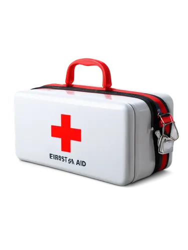 First aid kit, red cross symbol, white background, medical theme, detailed objects, transparent packaging, shiny surface, realistic reflection, softbox lighting, 3/4 composition, shallow depth of fiel