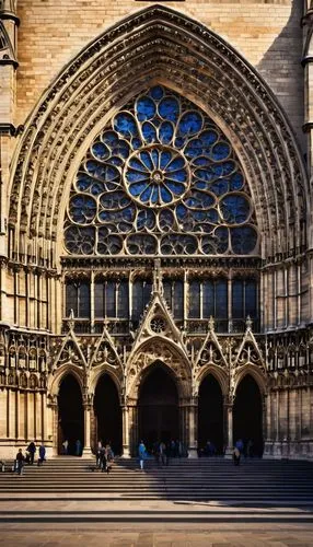 Gothic architecture, Notre Dame Cathedral, Paris, France, medieval style, intricate stone carvings, stunning stained glass windows, grandiose entrance, pointed arches, ribbed vaults, flying buttresses