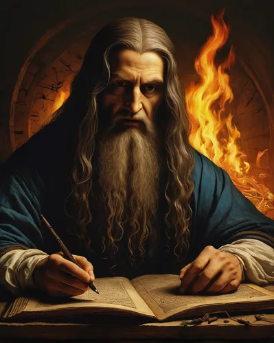 leonardo da vinci,fire artist,biblical narrative characters,scholar,benediction of god the father,leonardo devinci,twelve apostle,new testament,persian poet,lord who rings,flickering flame,old testament,writing-book,the abbot of olib,magic grimoire,archimandrite,learn to write,fire background,magus,thorin,Art,Classical Oil Painting,Classical Oil Painting 03