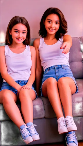 Two girls, close friends, Instagram icon, selfie pose, smiling faces, bright eyes, natural makeup, casual hair, white tank tops, denim shorts, sneakers, sitting on a couch, relaxed atmosphere, warm li