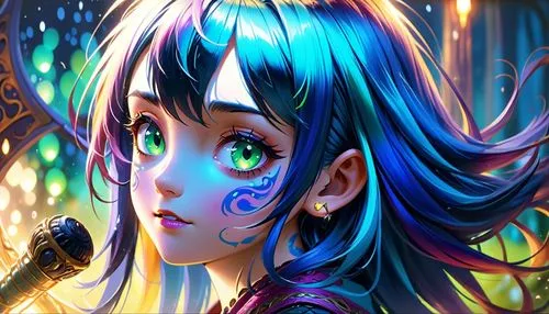 green eyes.,the face and shoulders of an anime character with bright green eyes,harmonix,hatsune miku,krita,karou,colorful background,decora,Anime,Anime,Cartoon