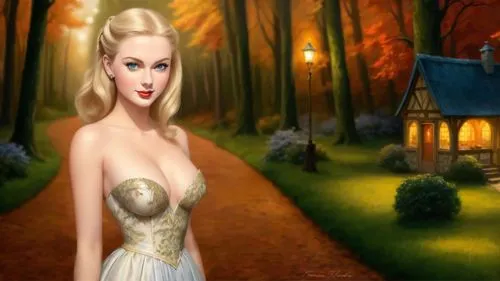 Romantic masterpiece oil painting, cute girl portrait, nostalgic 1950's style kitsch, breathtaking beautiful Autumn woods landscape, majestic fantasy forest park scenery, medieval village, evening lig