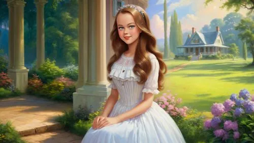 fantasy picture,celtic woman,fairy tale character,girl in the garden,girl in a long dress,romantic portrait,noblewoman,girl in white dress,thyatira,fantasy portrait,fantasy art,xanth,leighton,princess sofia,world digital painting,landscape background,maidservant,duchesse,portrait background,celtic queen