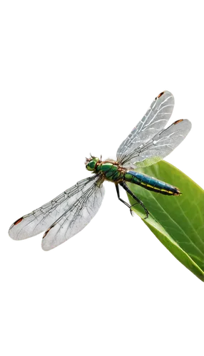 Dragonfly, green metallic body, delicate wings, compound eyes, slender abdomen, perched on leaf, morning dew, soft sunlight filtering through leaves, 3/4 composition, shallow depth of field, warm colo