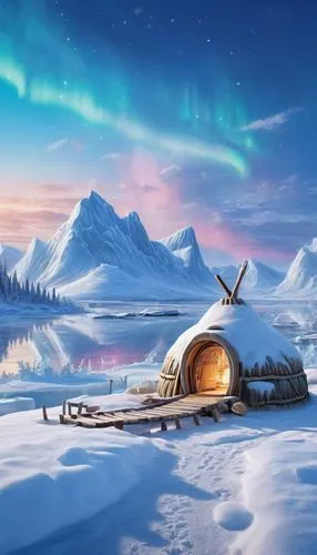 igloos,snowhotel,igloo,the polar circle,north pole,northen lights,finnish lapland,scrat,futuristic landscape,starlink,lapland,schefferville,northrend,syberia,valdres,winter background,amundsen,jokkmokk,lappland,inuvialuit,Illustration,Japanese style,Japanese Style 19