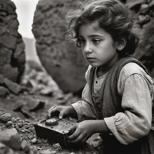 In a war-torn Near East, a young child discovers a long-lost relic that brings hope.,nomadic children,a girl with a camera,photographing children,bedouin,children of war,pakistani boy,child playing,ch