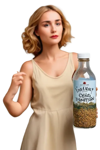 1 composition, shallow depth of field.,an image of a woman holding a bottle of wheat,psyllium,moringa,argan,jojoba oil,carrageenan,anosmia,jojoba,chia seeds,granola,fish oil capsules,argan tree,flax s