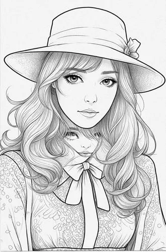 a girl in a hat is wearing a shirt and tie,camie,straw hat,fujiko,valentine line art,lineart,girl wearing hat,Design Sketch,Design Sketch,Detailed Outline