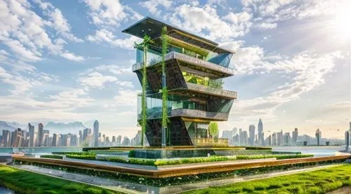 In the picturesque morning atmosphere, bathed in warm rays of bright sunlight, stands an architectural marvel adorned with lush green grass covering the surface of the ground. A harmoniously designed 