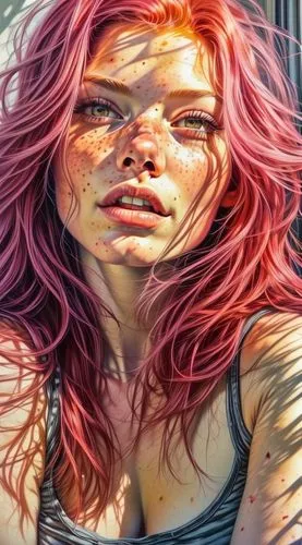 red head,pop art effect,photorealist,jasinski,rotoscoped,photo painting,redhair,meg,glass painting,overlaid,witchblade,redheads,burning hair,windblown,mera,distorted,world digital painting,photorealism,reddened,girl washes the car