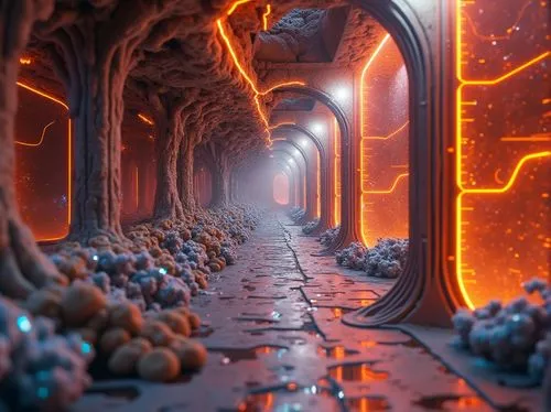 cinema 4d,3d fantasy,3d render,fractal environment,alien world,labyrinthian,hall of the fallen,portal,futuristic landscape,mandelbulb,passage,portals,labyrinths,dungeon,corridors,walkway,corridor,hallway,3d background,tunnel,Photography,General,Realistic