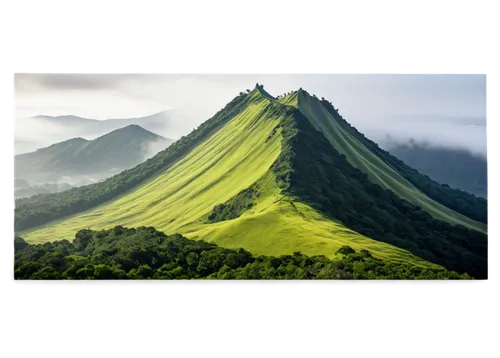 Shield volcano, majestic landscape, solitary, rugged terrain, gentle slopes, broad base, rounded summit, lush green vegetation, misty atmosphere, morning fog, warm sunlight casting long shadows, panor