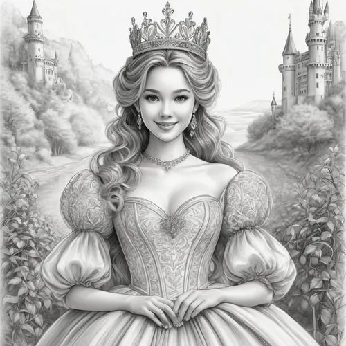 princess sofia,fairy tale character,prinses,prinzessin,noblewoman,white rose snow queen,Illustration,Black and White,Black and White 30