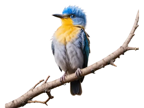 Bird, small, wings spread wide, feathers fluffy, bright blue eyes, yellow beak, perched on branch, morning sunlight, soft focus, shallow depth of field, warm color tone, cinematic lighting, transparen